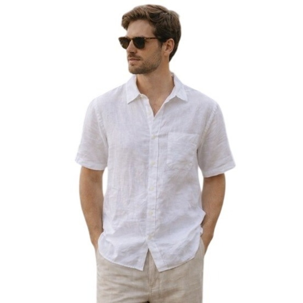 100% Linen White Button Up Short Sleeve Shirt S Coastal Minimalist Euro‎ Summer